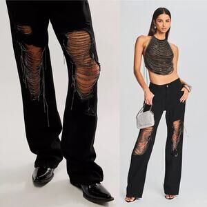 Retrofete Black Cotton Embellished Rhinestone Drape Marlowe Straight Jean 29